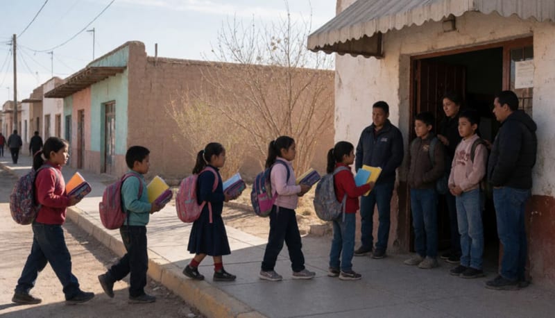 Niños reciben útiles escolares frente a un centro comunitario en una calle de Delicias