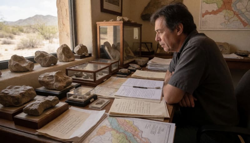 Cronista trabajando entre fósiles y materiales de investigación en un escritorio de museo