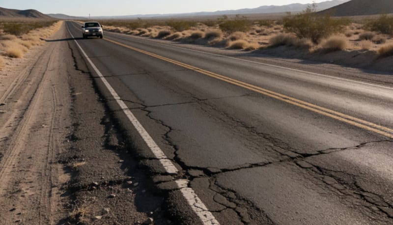 Carretera de dos carriles con baches profundos y asfalto agrietado en un paisaje desértico, con una camioneta a lo lejos