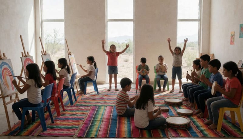 Niños participando en actividades artísticas y de movimiento dentro de un espacio iluminado y abierto