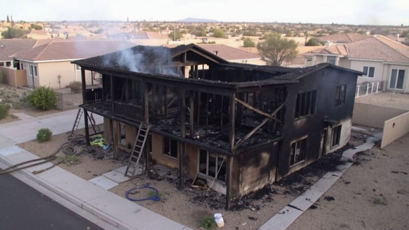 Vivienda con daños severos por incendio, marcos carbonizados y paredes ennegrecidas en fraccionamiento residencial