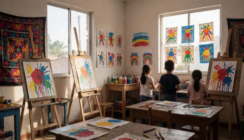 Niños observando sus trabajos artísticos en paredes y caballetes de un taller de artes plásticas