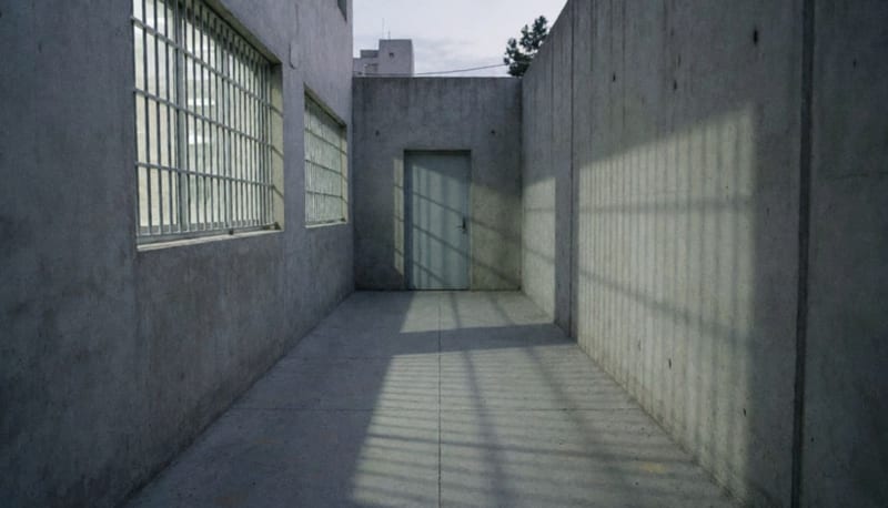 Pasillo vacío de concreto con una puerta metálica cerrada al fondo y sombras de una ventana con barrotes