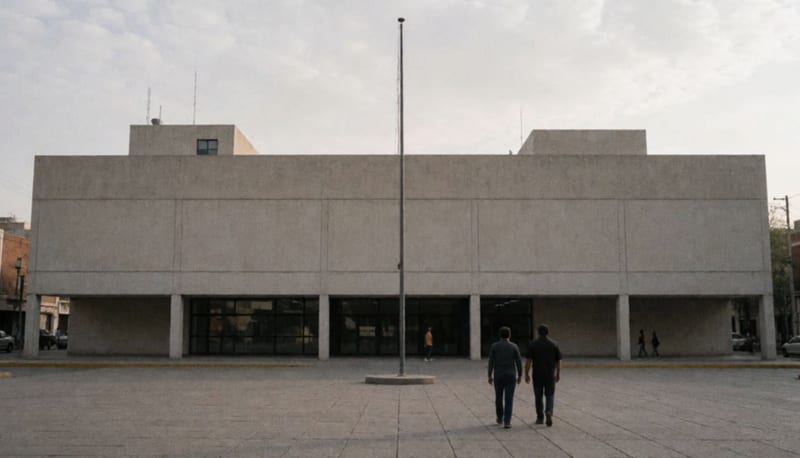 Fachada de concreto de un edificio judicial con una plaza vacía al frente y dos personas caminando a lo lejos