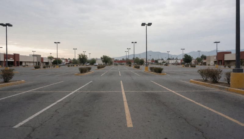 Estacionamiento vacío de una plaza comercial con líneas pintadas en el asfalto y postes de luz, bajo cielo nublado