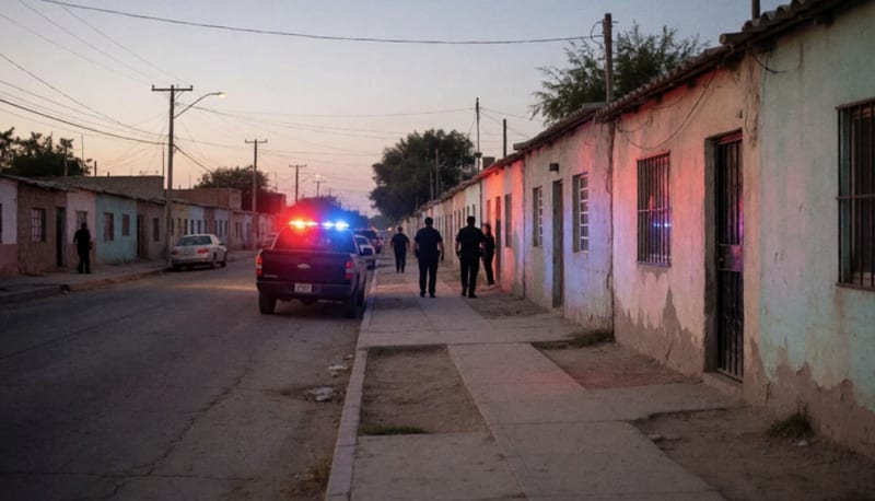 Calle residencial al anochecer con luces rojas y azules sobre las casas y oficiales a lo lejos, vistos de espaldas