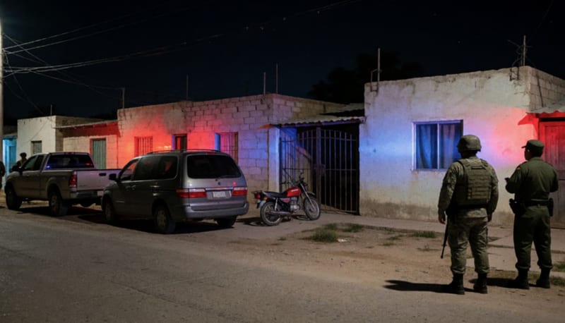Calle residencial de noche con camioneta, vagoneta y motocicleta frente a una casa, bañadas por luces rojas y azules