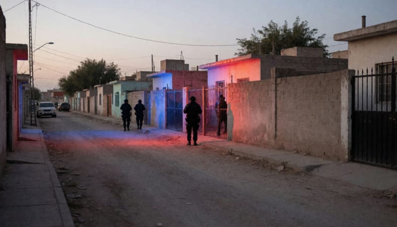 Calle residencial al anochecer con casas de bardas altas bañadas por luces rojas y azules y figuras lejanas de espaldas