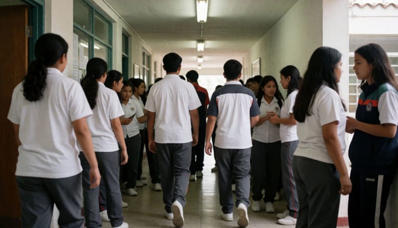 Estudiantes recorriendo pasillos de una institución educativa vistiendo uniformes institucionales blanco y gris
