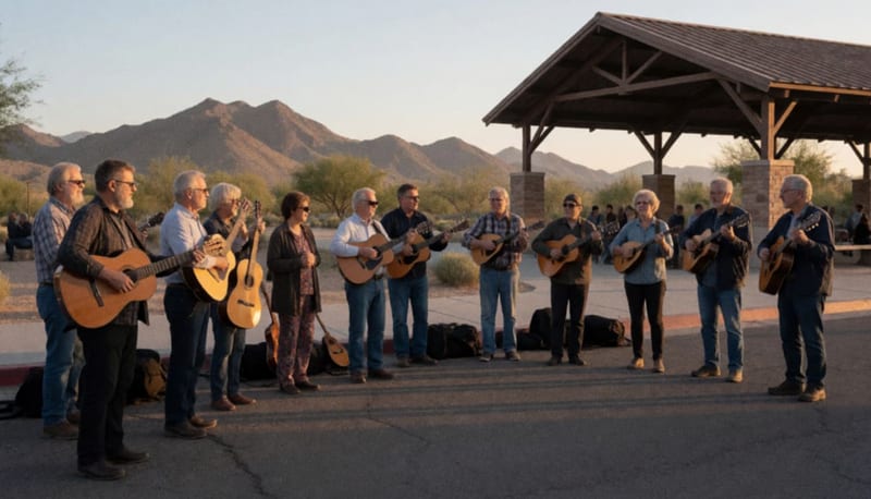 Músicos con instrumentos de cuerda reunidos en formación al atardecer en una plaza desértica del norte de México