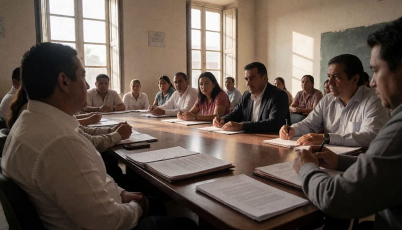 Autoridades y representantes institucionales reunidos alrededor de una mesa de trabajo en una sala de juntas