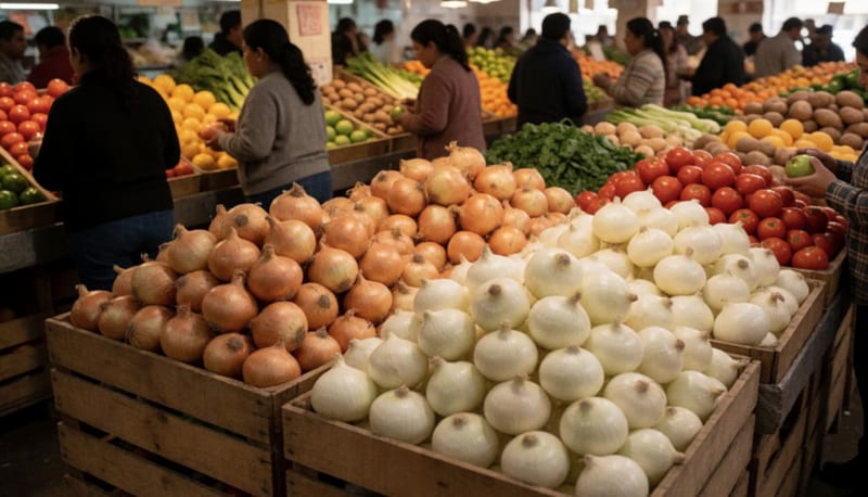 Cajas de madera llenas de cebollas en un puesto de verduras con compradores de espaldas eligiendo productos