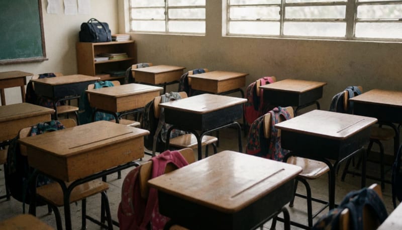 Salón de clases vacío con pupitres y mochilas colgadas en las sillas