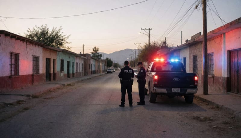 Dos policías de espaldas junto a una camioneta en una calle al anochecer, con luces rojas y azules sobre las casas