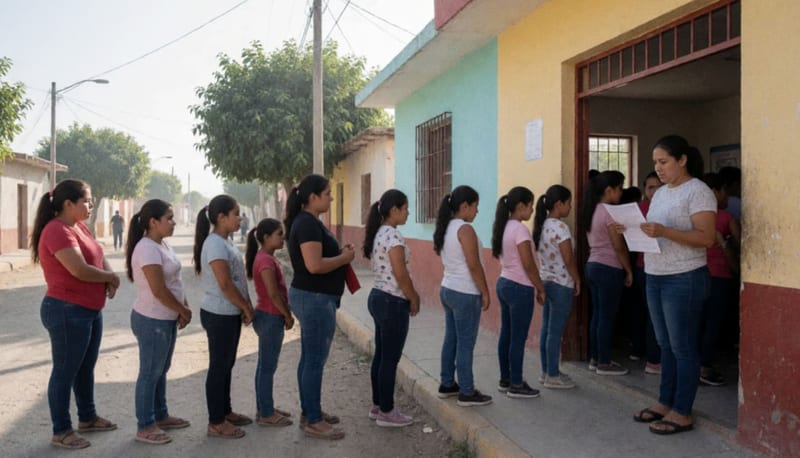 Padres de familia y estudiantes formados fuera de un centro comunitario en Camargo, esperando el registro para las inscripciones