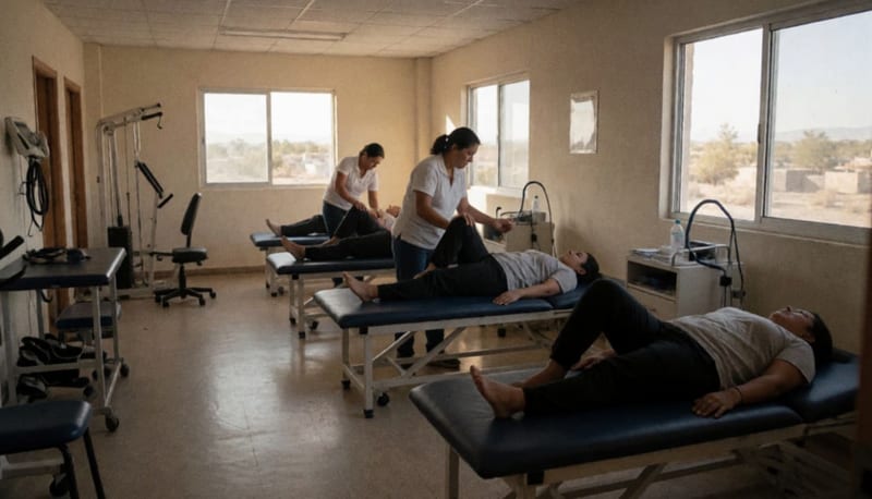 Pacientes realizando ejercicios de rehabilitación con asistencia de terapeutas en un centro de salud