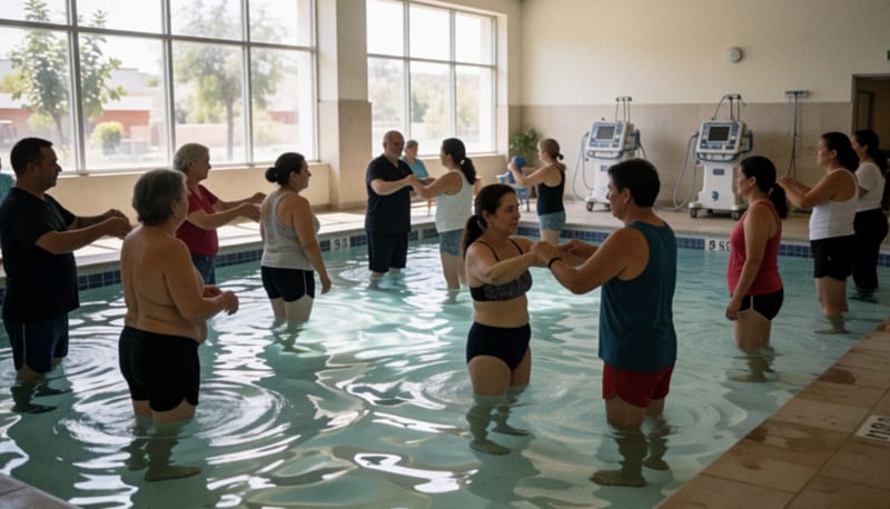 Pacientes realizando ejercicios terapéuticos en una piscina de rehabilitación con asistencia de profesionales