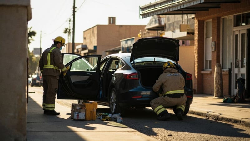 Bomberos y protección civil examinan un vehículo eléctrico durante sesión de capacitación en instalación con techo de metal
