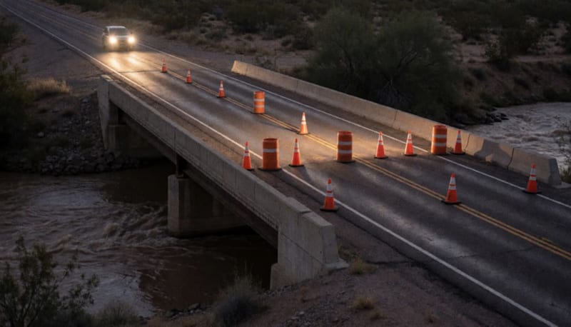 Puente carretero cerrado con conos y tambos sobre un río crecido y turbio durante la noche