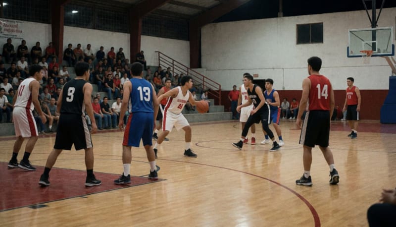 Equipos compitiendo en la cancha de básquetbol del Gimnasio Municipal durante un partido de la Liga de Desarrollo