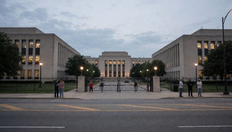 Exterior de un edificio de juzgados federales al atardecer, con personas a lo lejos