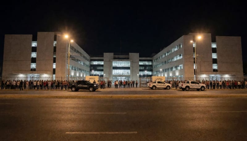 Exterior nocturno de un complejo judicial con una multitud a lo lejos y vehículos estacionados frente a la entrada