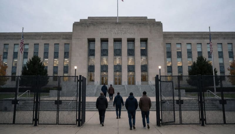 Edificio de tribunales federales al amanecer con personas subiendo las escaleras de espaldas