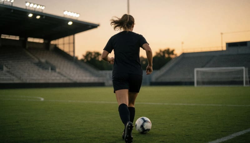 Futbolista vista de espaldas corriendo con el balón hacia la portería en una cancha de pasto al atardecer