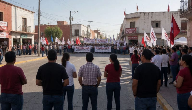Escena de movilización política en una plaza de ciudad norteña con personas reunidas al atardecer