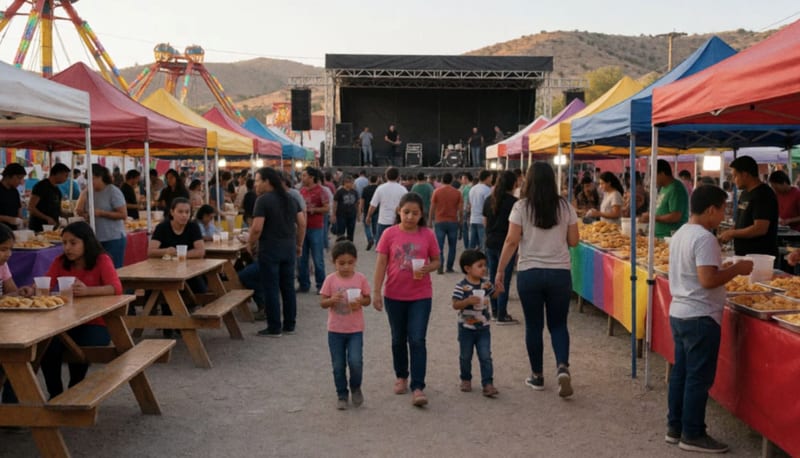 Asistentes recorriendo puestos de comida y bebida en una feria gastronómica al aire libre