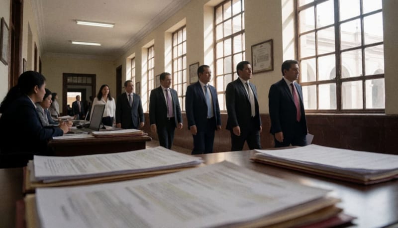 Pasillo interior de una dependencia de gobierno con funcionarios en traje discutiendo documentos presupuestales