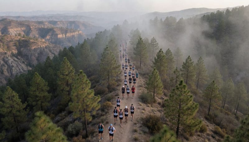 Corredores de trail running en una senda montañosa de la Sierra Tarahumara rodeada de bosque y cañones profundos