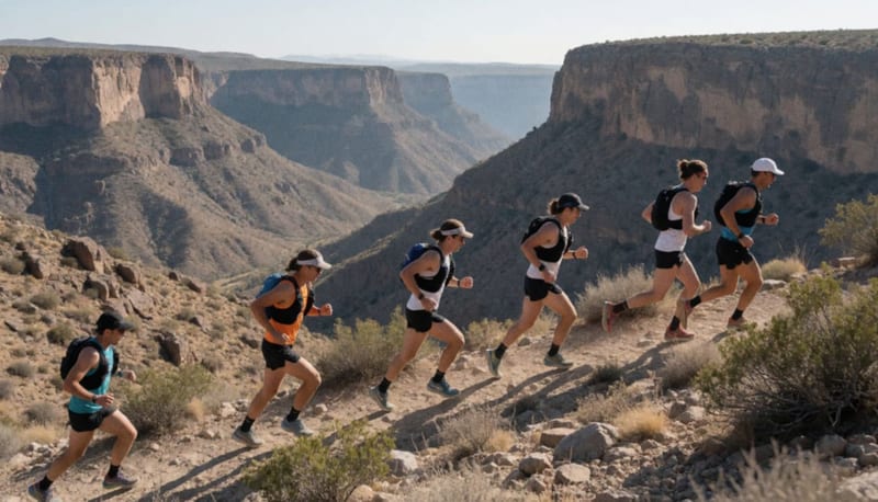 Corredores de trail running en movimiento sobre una senda de montaña en el terreno desértico de las Barrancas del Cobre
