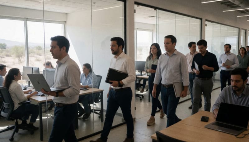 Profesionales en un espacio de trabajo colaborativo con computadoras y documentos sobre escritorios de cristal