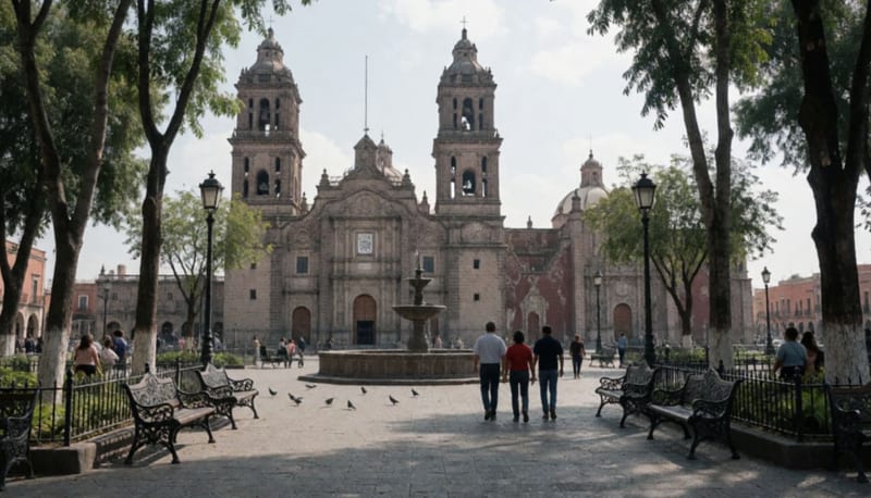 Plaza principal de Chihuahua con la catedral de piedra al fondo y gente caminando a lo lejos