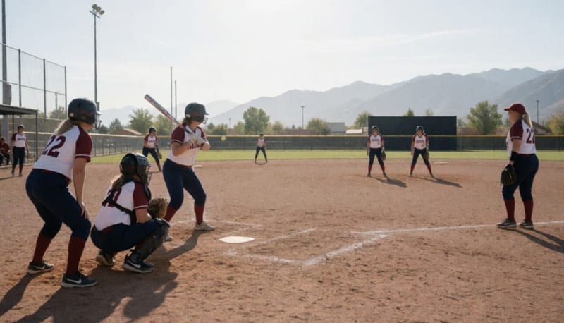 Jugadoras de softbol en acción durante un juego en el diamante, con montañas al fondo bajo el sol intenso
