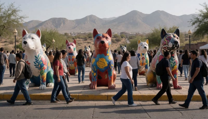 Esculturas artísticas del perro chihuahueño con intervenciones coloridas expostas en la Plaza de Armas
