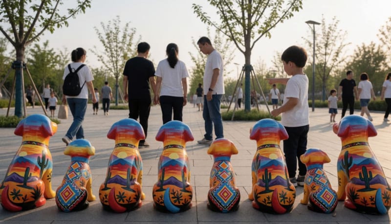 Hilera de esculturas de perros pintadas con paisajes de colores sobre un andador al aire libre con visitantes caminando