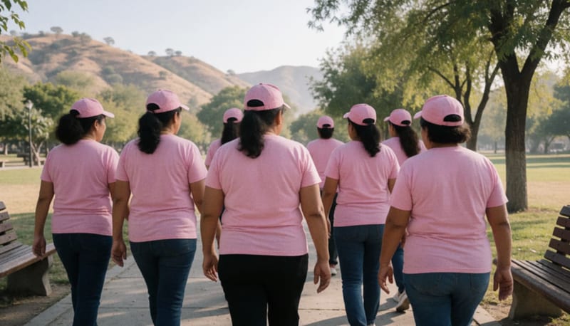 Grupo de mujeres con ropa rosa caminando de espaldas por un sendero de un parque soleado con cerros al fondo