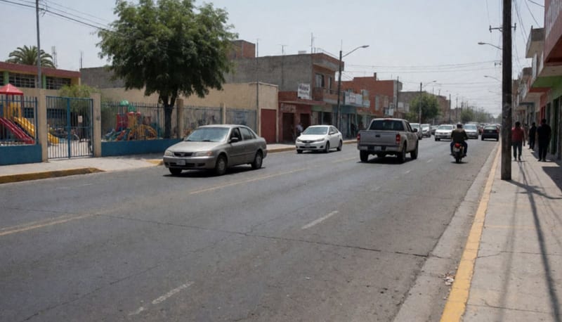 Avenida concurrida con vehículos circulando frente a una entrada escolar y comercios en una ciudad norteña