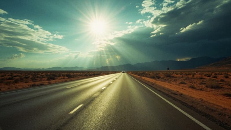 Carretera del desierto bajo intenso calor con nubes de tormenta acercándose en el horizonte montañoso