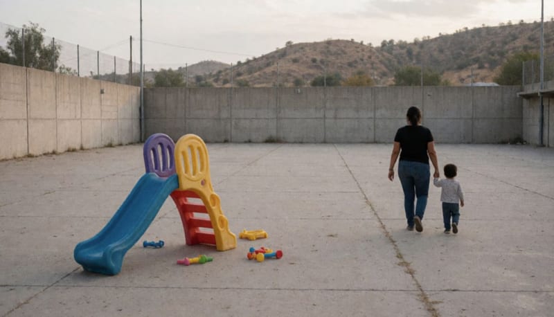 Patio de un penal con un pequeño juego infantil de plástico y una mujer caminando de espaldas junto a un niño