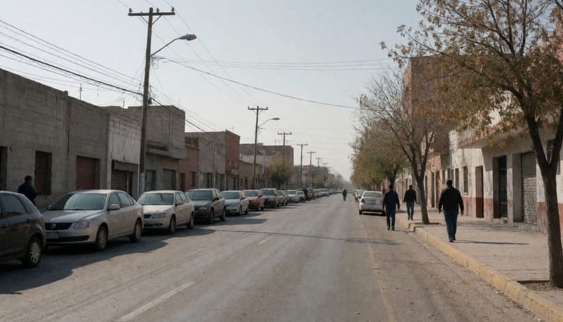 Avenida tranquila de una ciudad del norte de México con autos estacionados y peatones a lo lejos