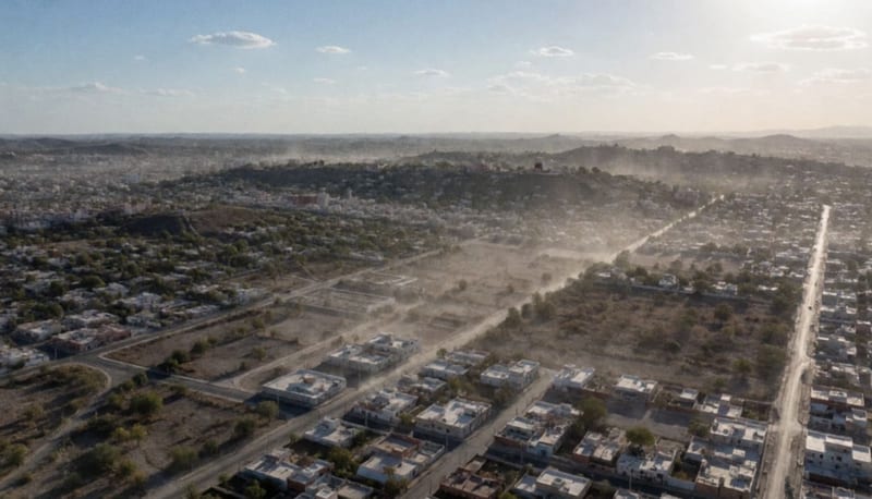 Paisaje urbano de ciudad en el norte de Chihuahua bajo intenso calor y cielo parcialmente nublado