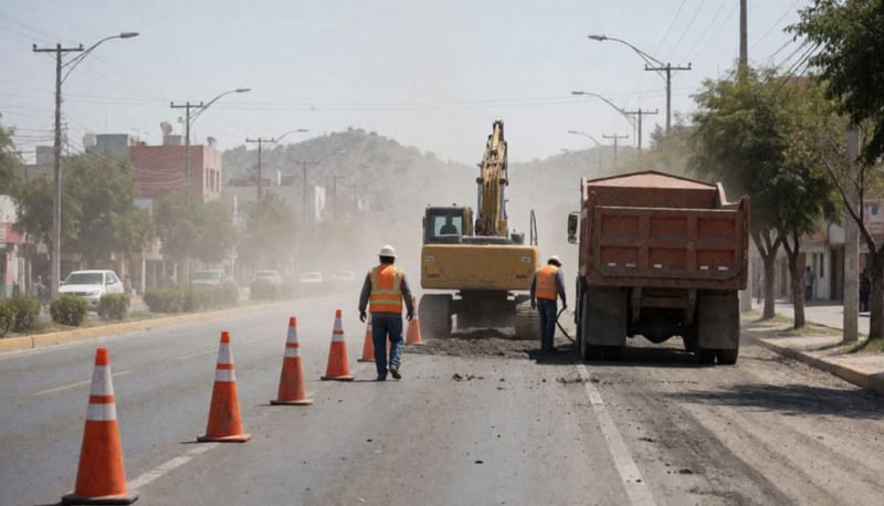 Obreros trabajando en la reparación de una avenida con conos naranjas y maquinaria pesada bajo el sol del mediodía