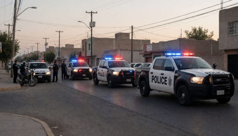 Patrullas con luces encendidas en un operativo de seguridad en una calle de la ciudad durante el atardecer