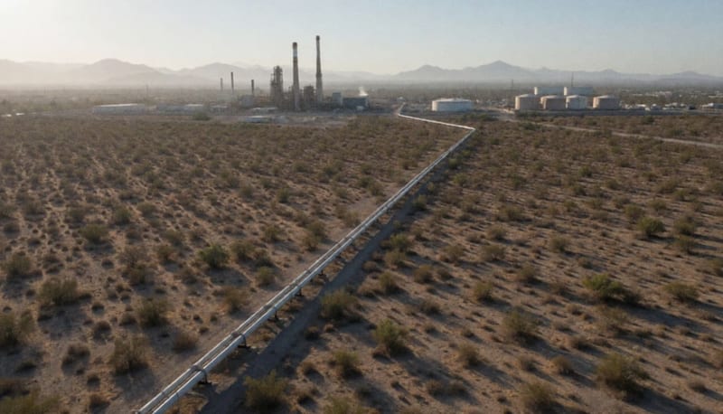 Vista aérea de un gasoducto de acero que cruza matorrales desérticos hacia una planta industrial con chimeneas y tanques
