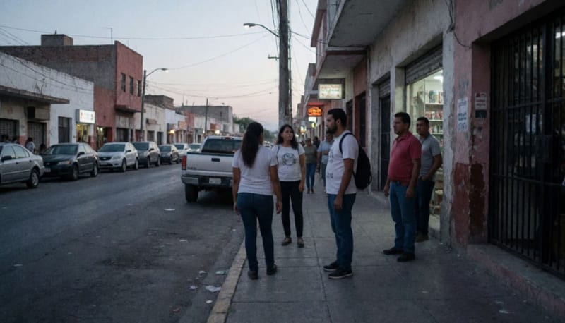 Calle de una ciudad del norte de México al atardecer con personas en la acera y comercios al fondo