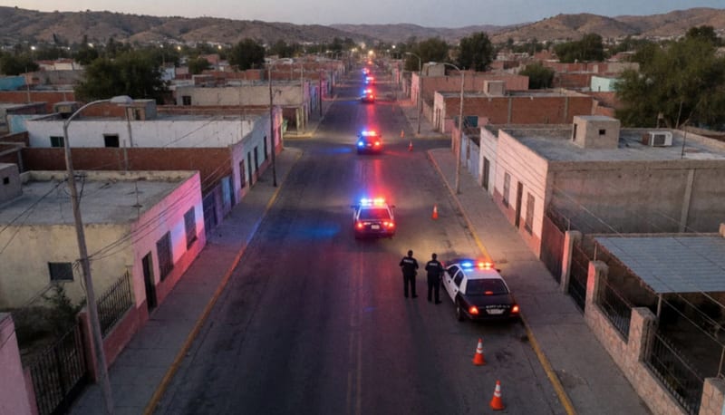 Vista aérea de una calle al anochecer con luces rojas y azules sobre el asfalto y dos oficiales lejanos de espaldas