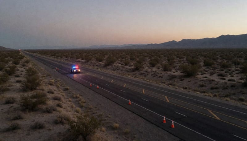 Carretera desértica al anochecer con luces rojas y azules reflejadas sobre el asfalto y conos naranjas en el acotamiento
